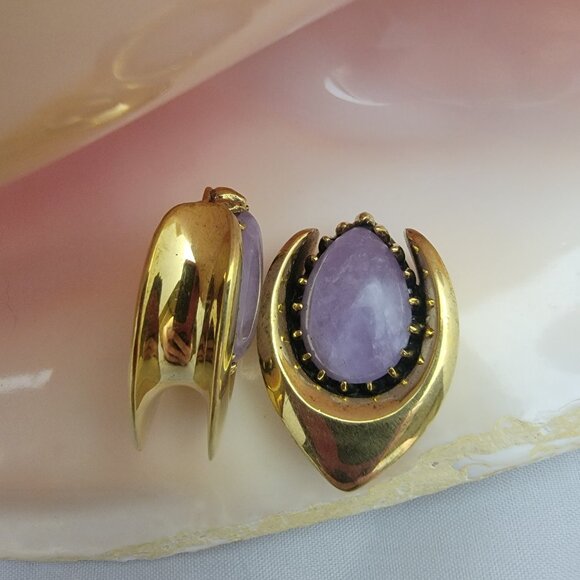 Pair brass saddles double flare stretchers amethyst stone center - 25mm - Picture 3 of 4